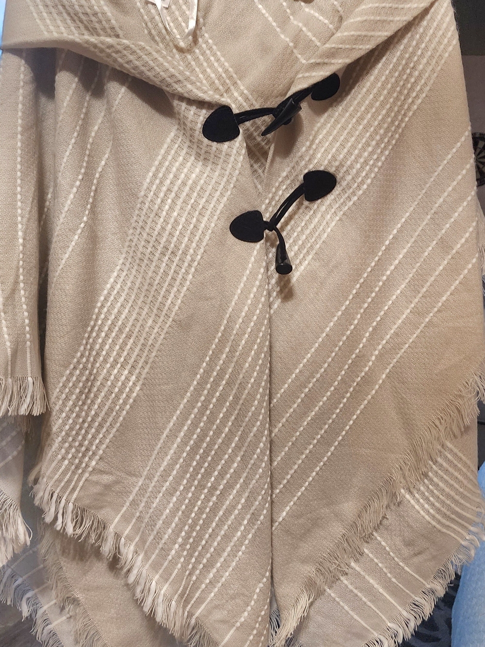 Mixit Women's Beige and White Striped Fringe Poncho with Black Toggles Sz O/S